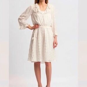 Tory Burch Jasmine Metallic Gold Ivory Ruffle Silk Blend Sheer Fairy Dress